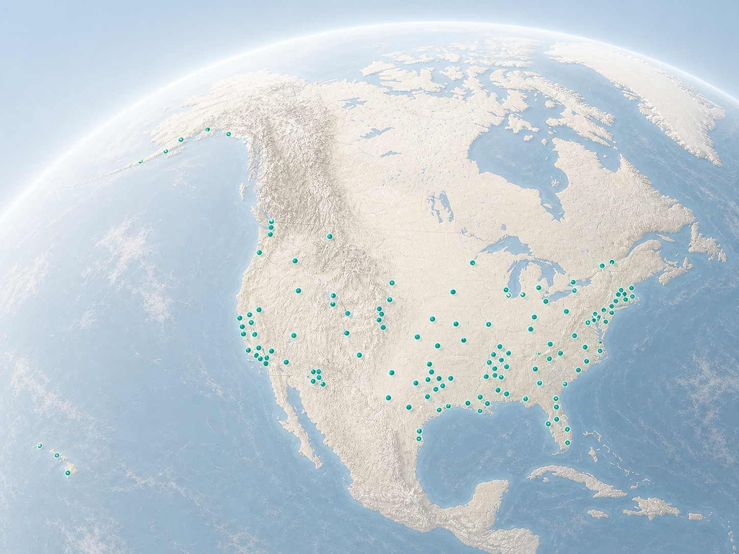 Globe centered on North America with Pawport regional pet door installation locations across the United States